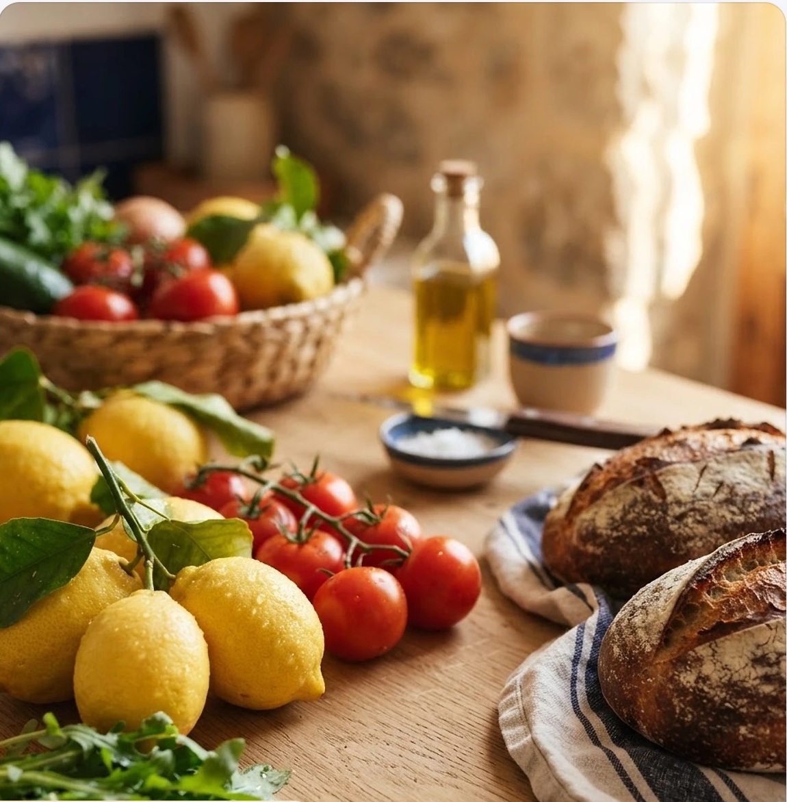 Pan recién hecho, tomates, limones y aceite sobre una mesa de madera